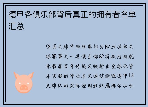 德甲各俱乐部背后真正的拥有者名单汇总