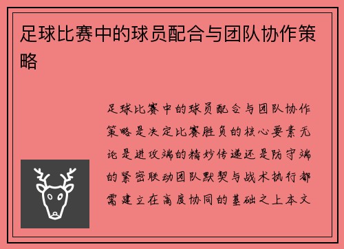 足球比赛中的球员配合与团队协作策略