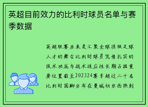 英超目前效力的比利时球员名单与赛季数据
